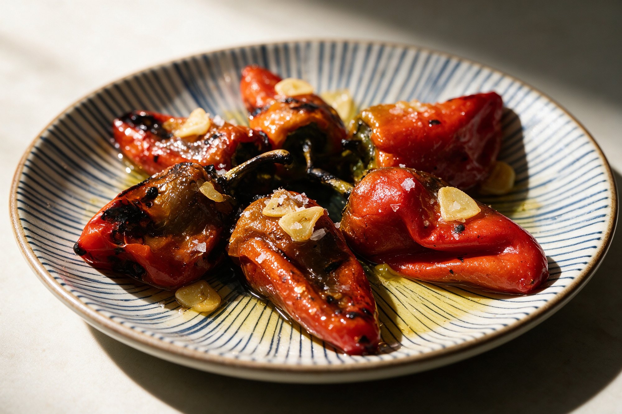 Pimientos Asados al Horno con piel ampollada y sal gorda