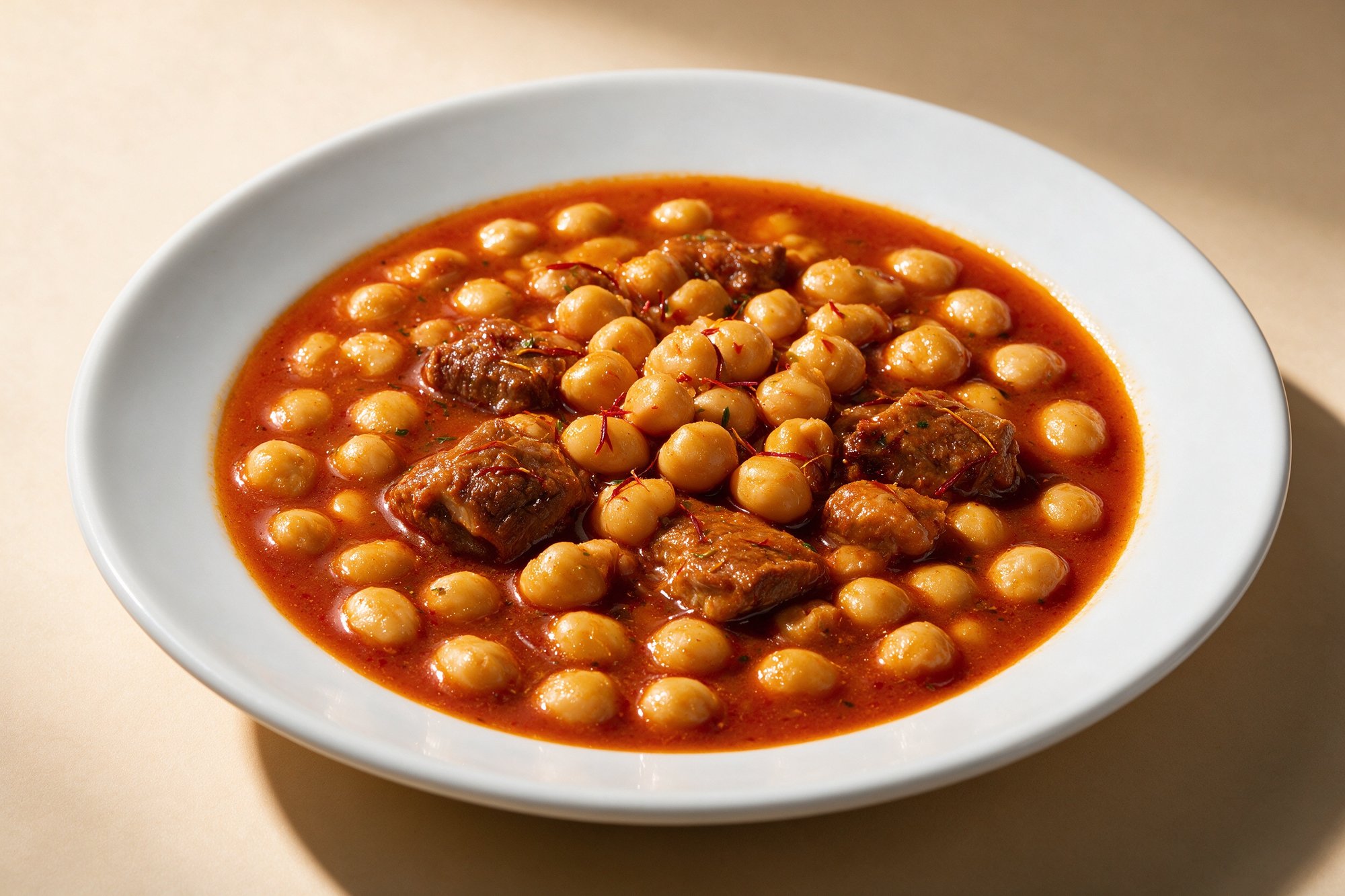 Garbanzos Guisados con carne sobre fondo de tomate